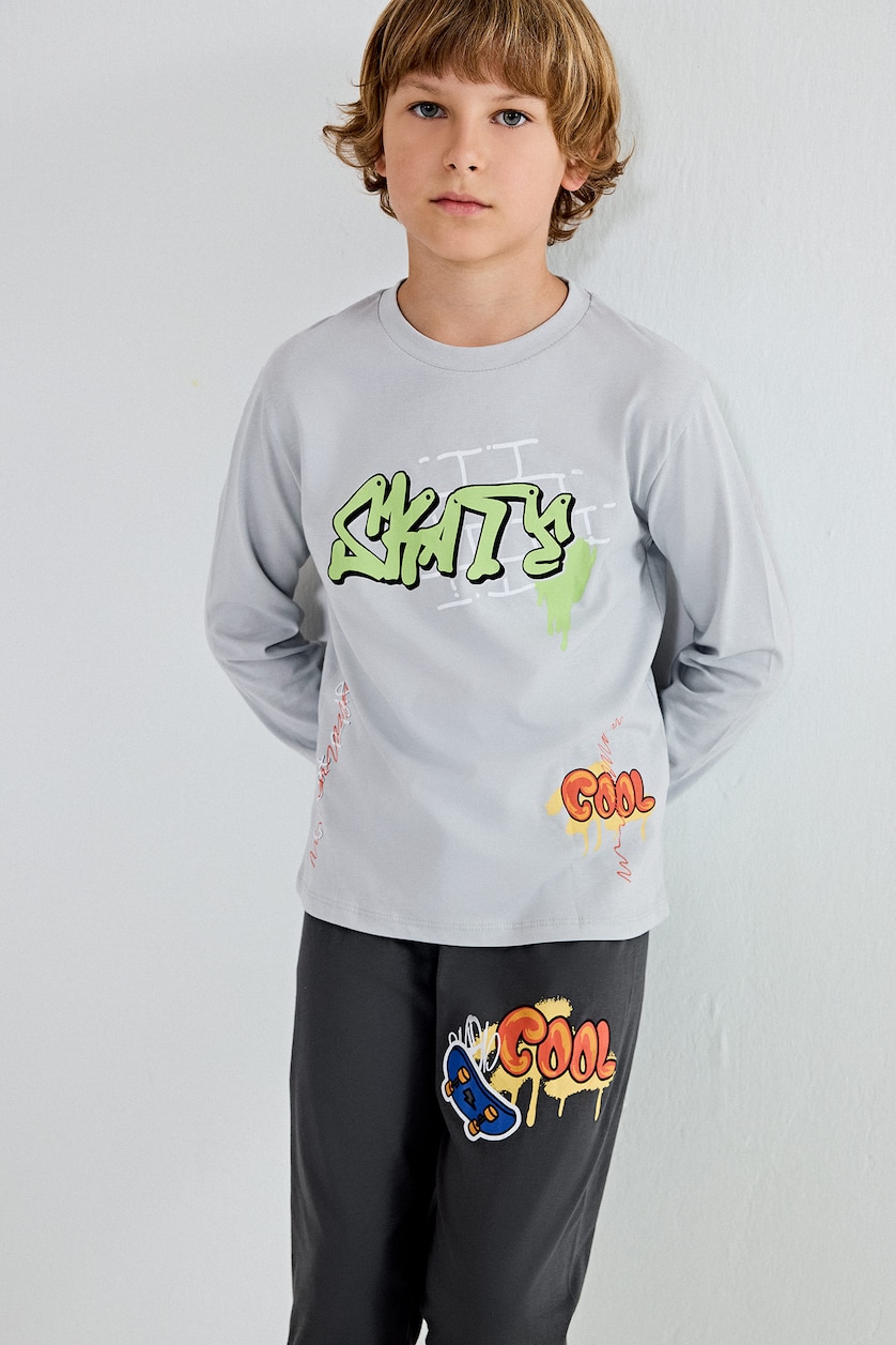أولاد رمادي فاتح Boy Regular Fit 100% Cotton Light Grey Pyjama Set