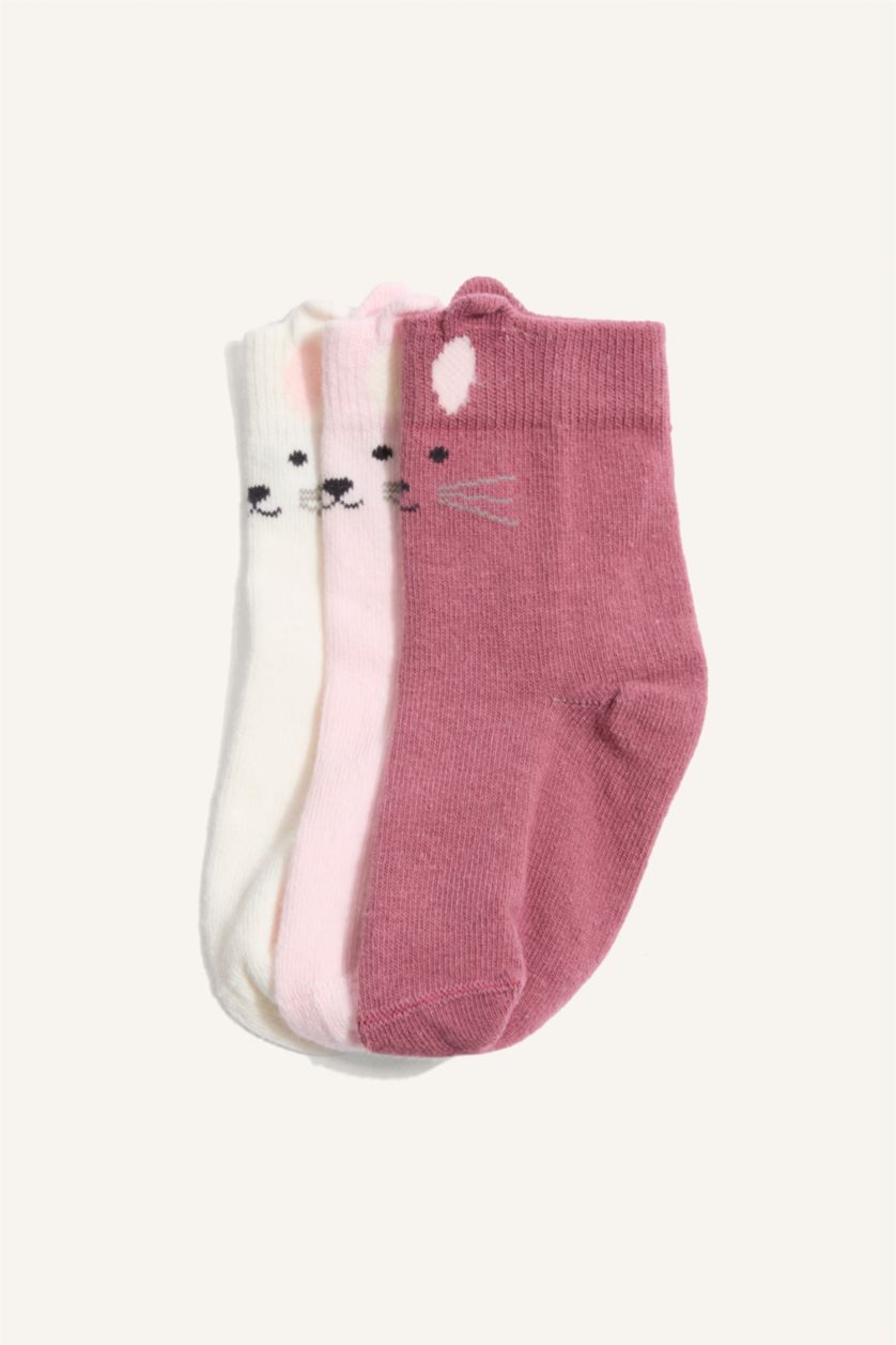 Kız Bebek Açık Pembe 3D 3'lü Pamuklu Çorap Kız Bebek