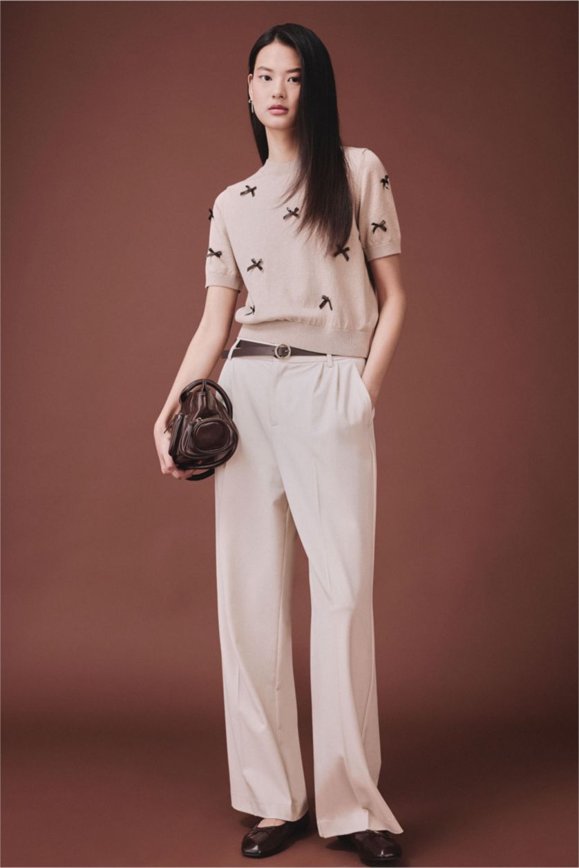 Kadın Açık Kahve Fiyonklu Kısa Kollu Kazak