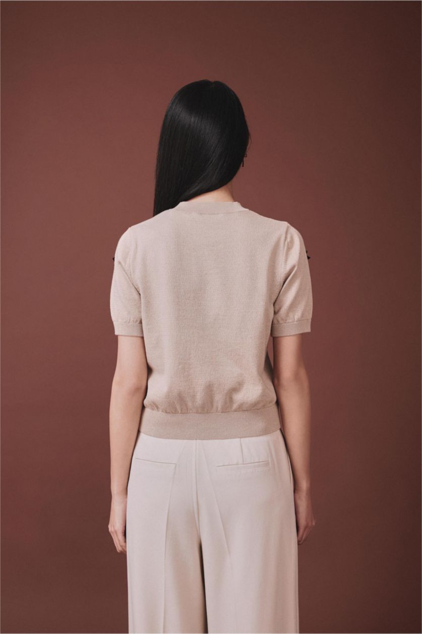 Kadın Açık Kahve Fiyonklu Kısa Kollu Kazak