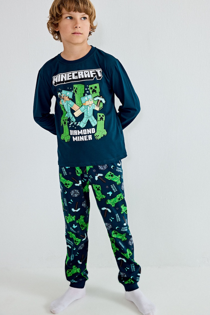 Erkek Çocuk - Genç Erkek Koyu Yeşil 2'li Pijama Takımı Minecraft Baskılı Erkek Çocuk