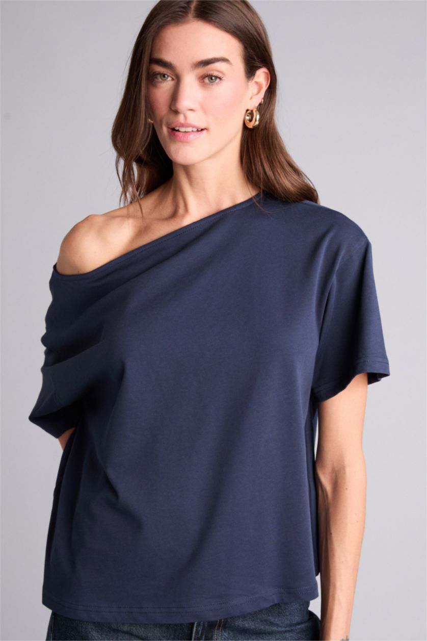 Kadın Lacivert Relax Fıt Kayık Yaka Basıc Düz Kısa Kollu Tişört