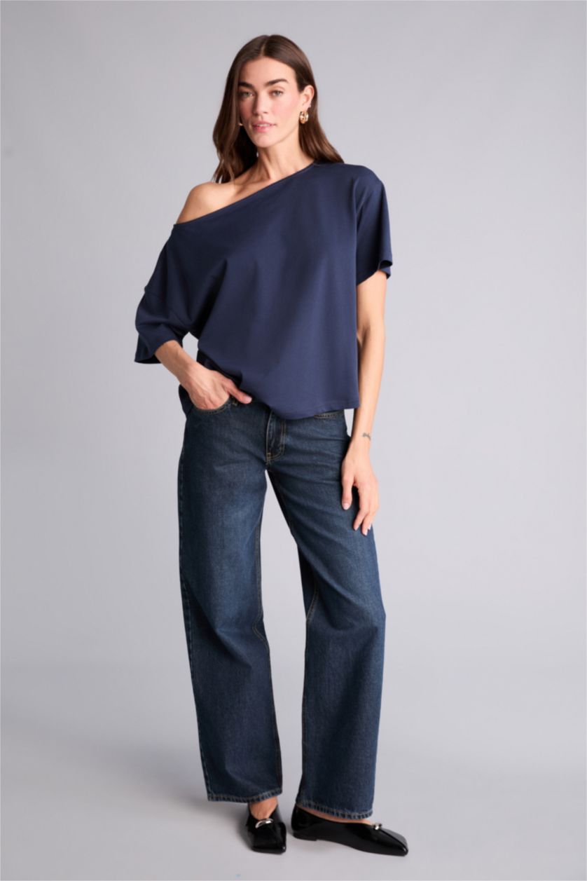 Kadın Lacivert Relax Fıt Kayık Yaka Basıc Düz Kısa Kollu Tişört