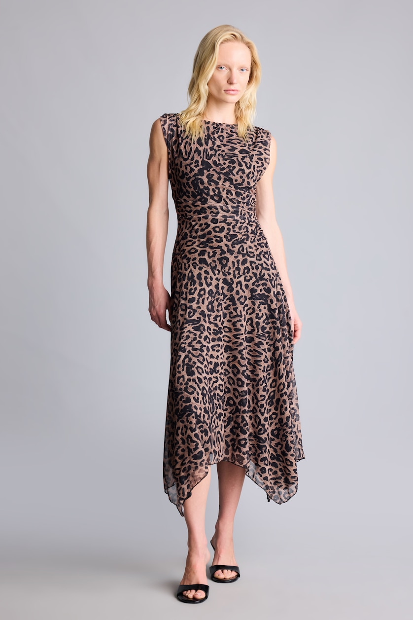 Woman Brown Leopard Print Sleeveless Tulle Midi Dress