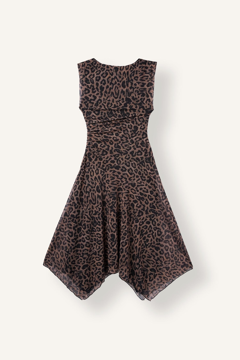 Woman Brown Leopard Print Sleeveless Tulle Midi Dress