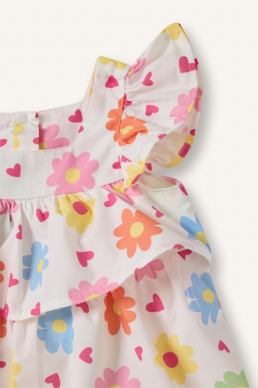 Baby Girls White Flower Square Collar Woven Dress