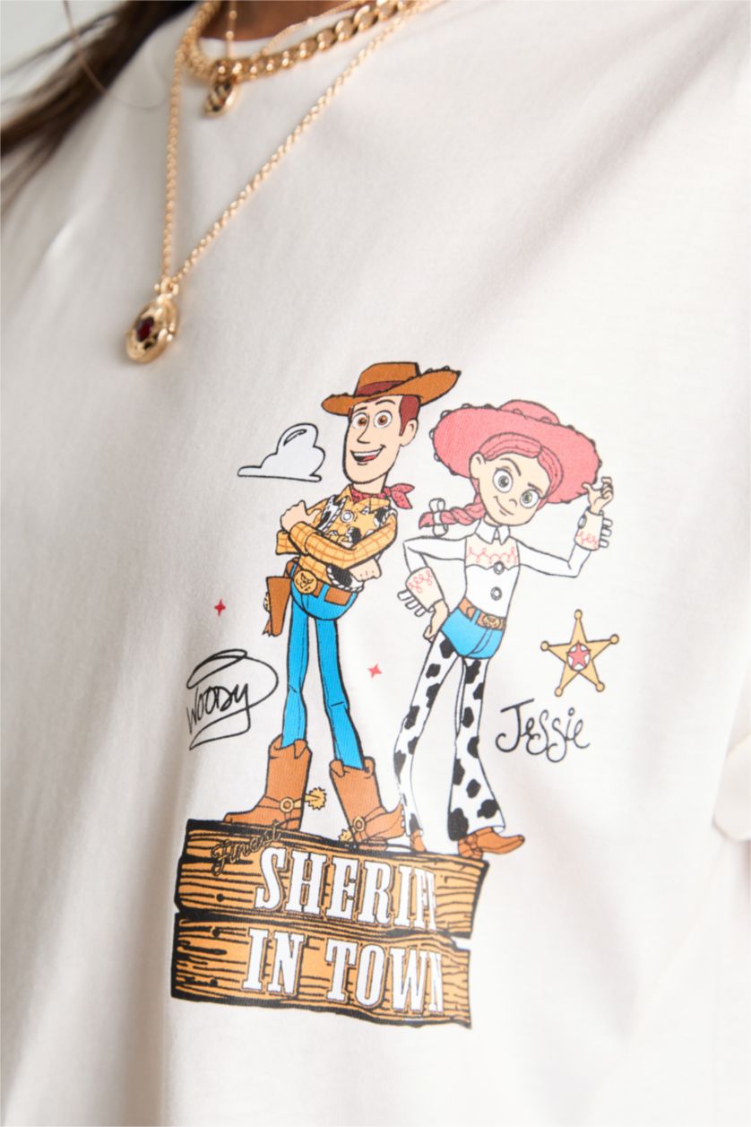 Kadın Ekru Toy Story Lisanslı Oversize Ribana Sırt Baskılı Tişört