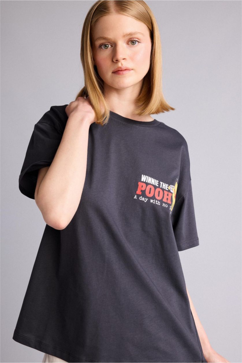 Kadın Antrasit Wınnıe The Pooh Oversıze Baskılı Tişört