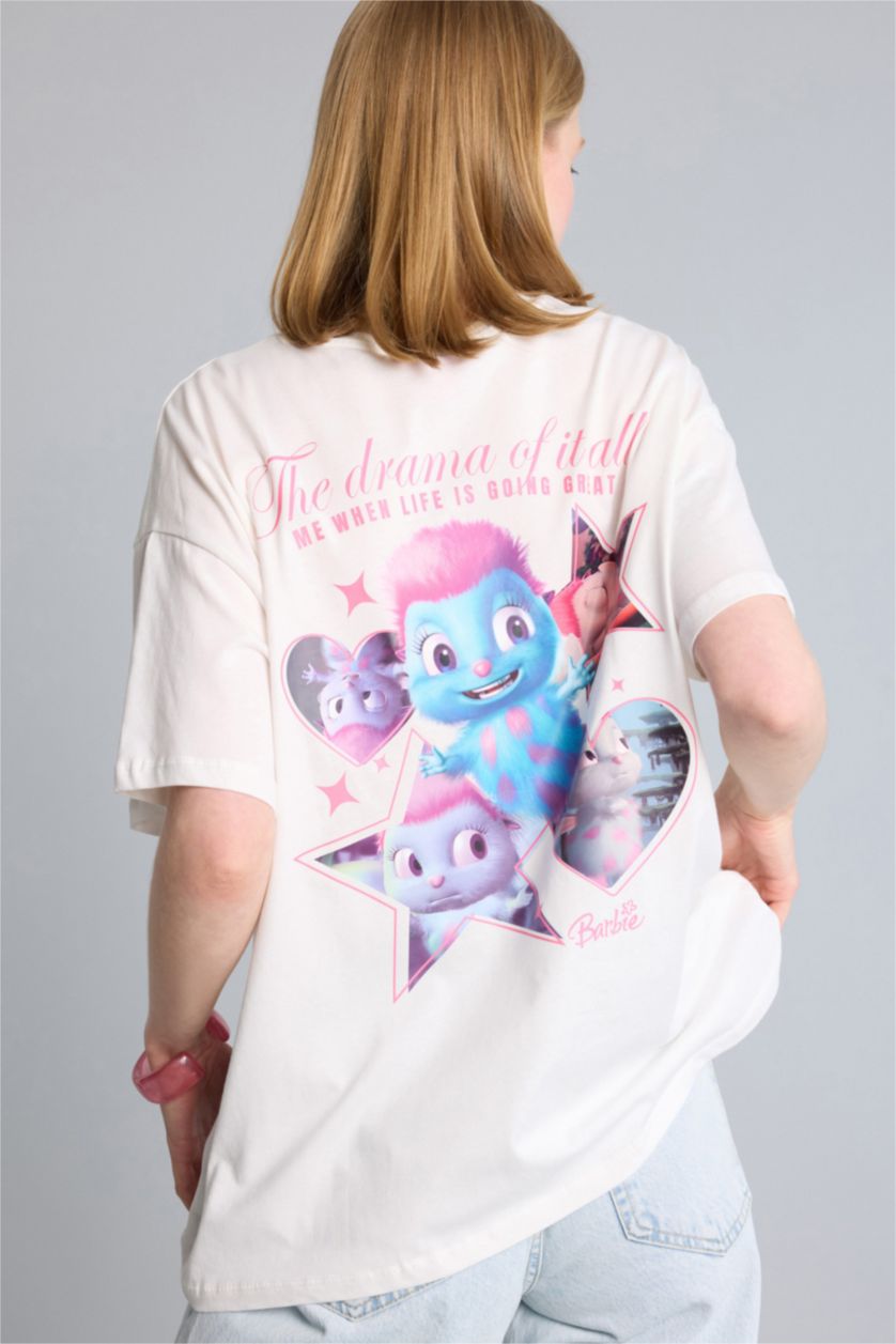 Kadın Kırık Beyaz %100 Pamuk Barbie Oversize Baskılı Tişört