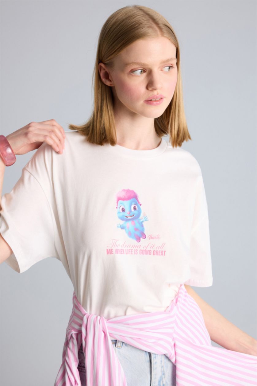 Kadın Kırık Beyaz %100 Pamuk Barbie Oversize Baskılı Tişört