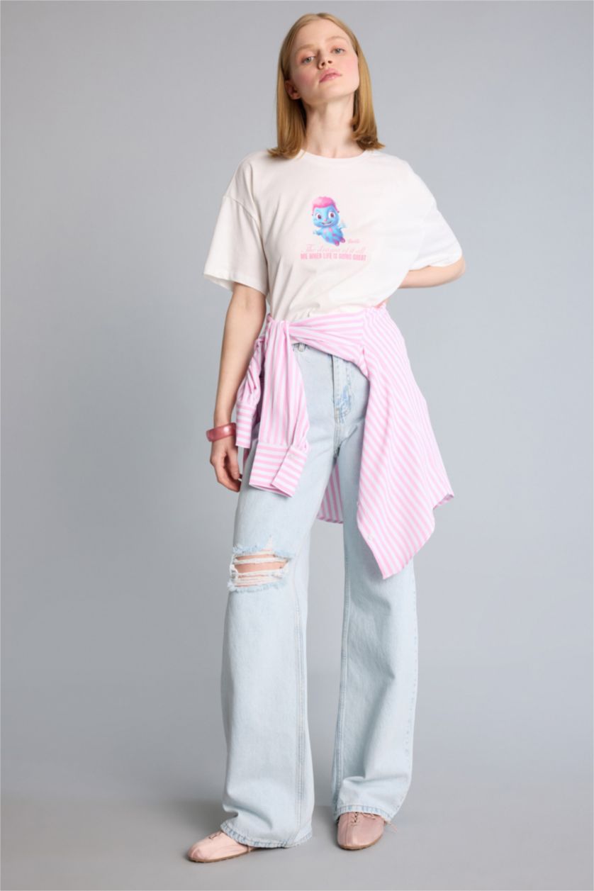 Kadın Kırık Beyaz %100 Pamuk Barbie Oversize Baskılı Tişört
