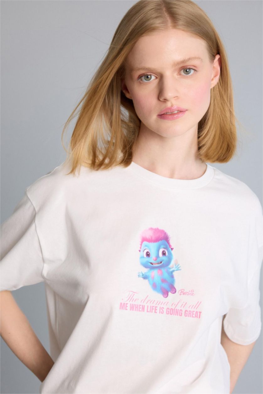 Kadın Kırık Beyaz %100 Pamuk Barbie Oversize Baskılı Tişört