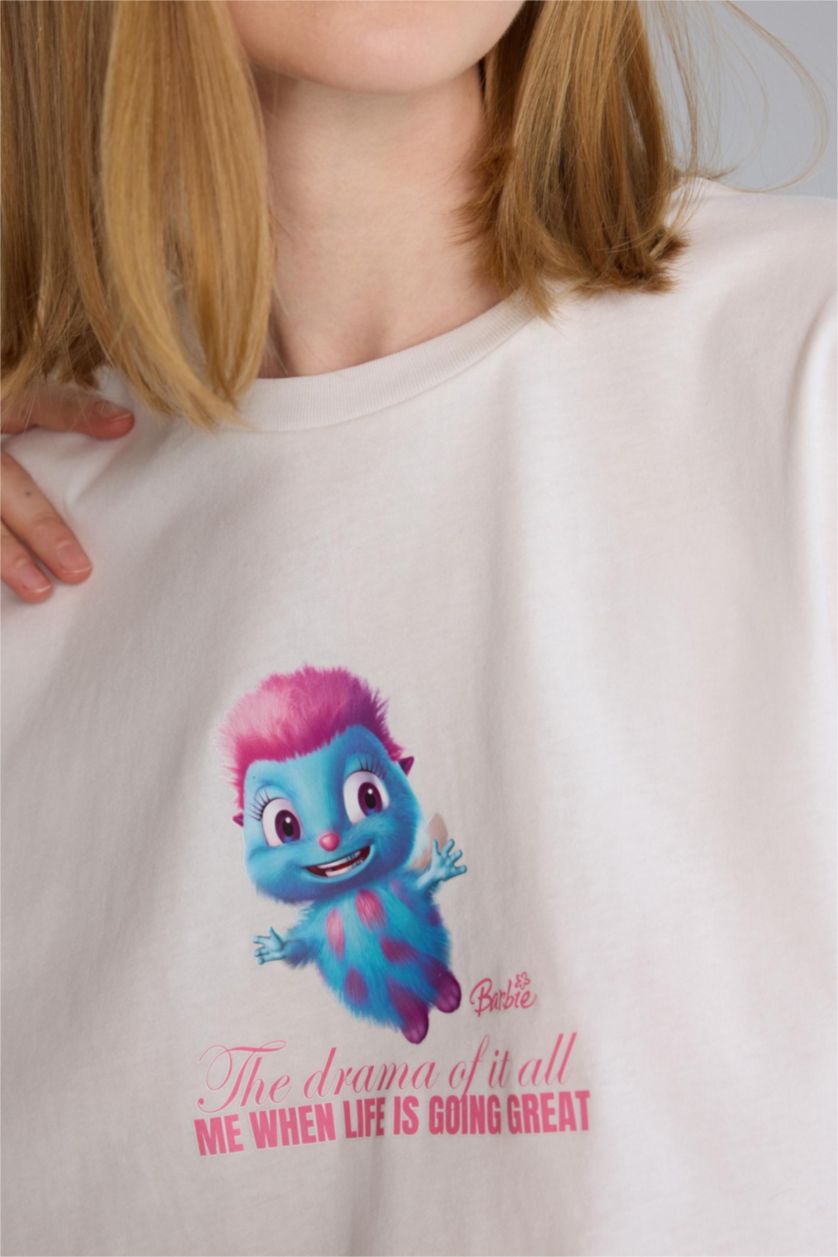 Kadın Kırık Beyaz %100 Pamuk Barbie Oversize Baskılı Tişört