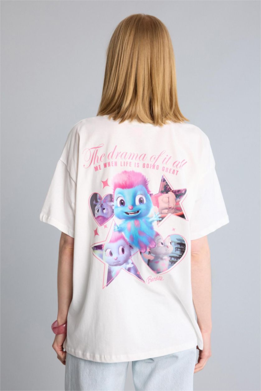 Kadın Kırık Beyaz %100 Pamuk Barbie Oversize Baskılı Tişört