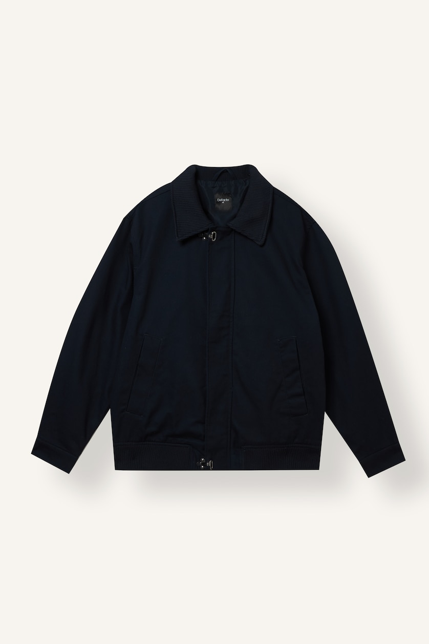 MAN NAVY 100% Cotton Regular Fit Shirt Collar Long Sleeve Zip-Up Jacket
