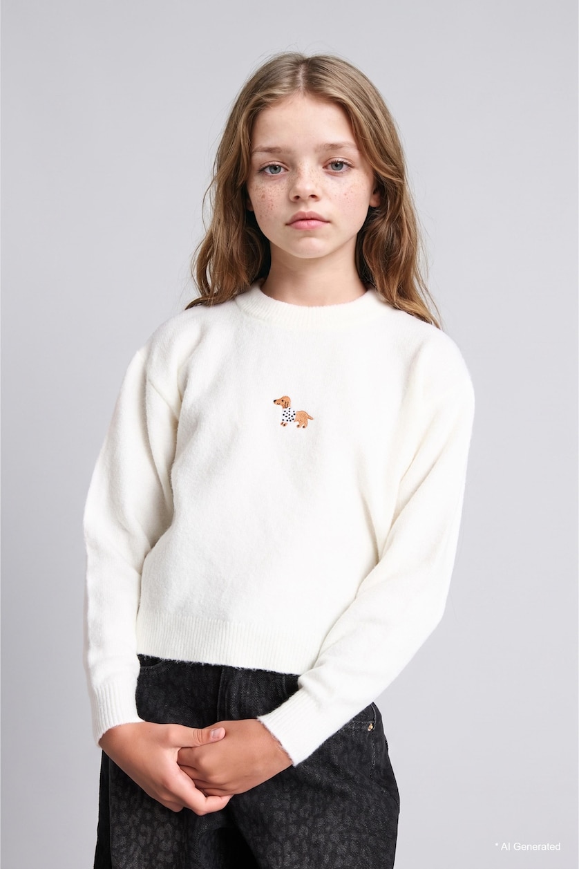 Девочки и подростки Бежевый Girl Embroidered Crew Neck Pullover