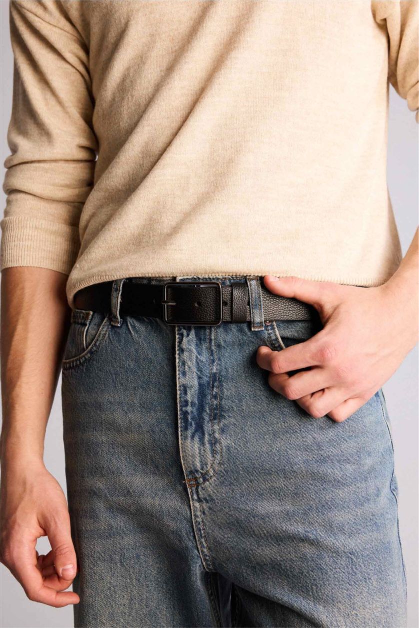 Erkek Siyah Erkek Dikdörtgen Toka Suni Deri Jean Kemeri