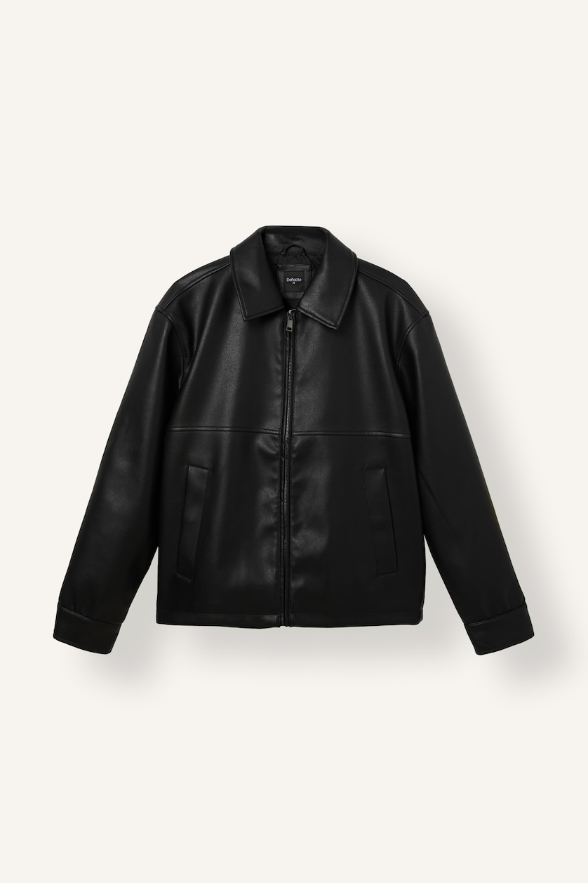 MAN Black Regular Fit Polo Collar Zip-Up Jacket