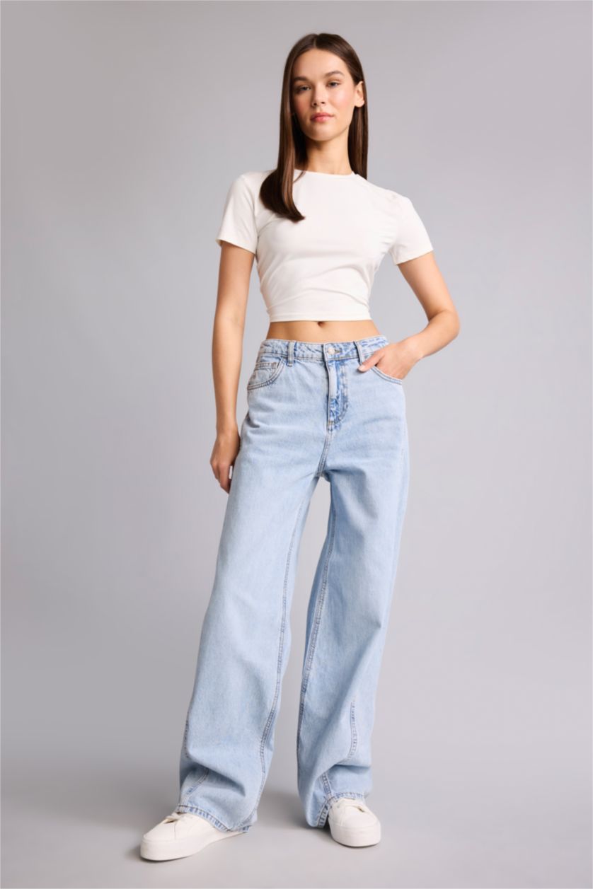 Women Light Indigo High Waist Wide Leg Trousers