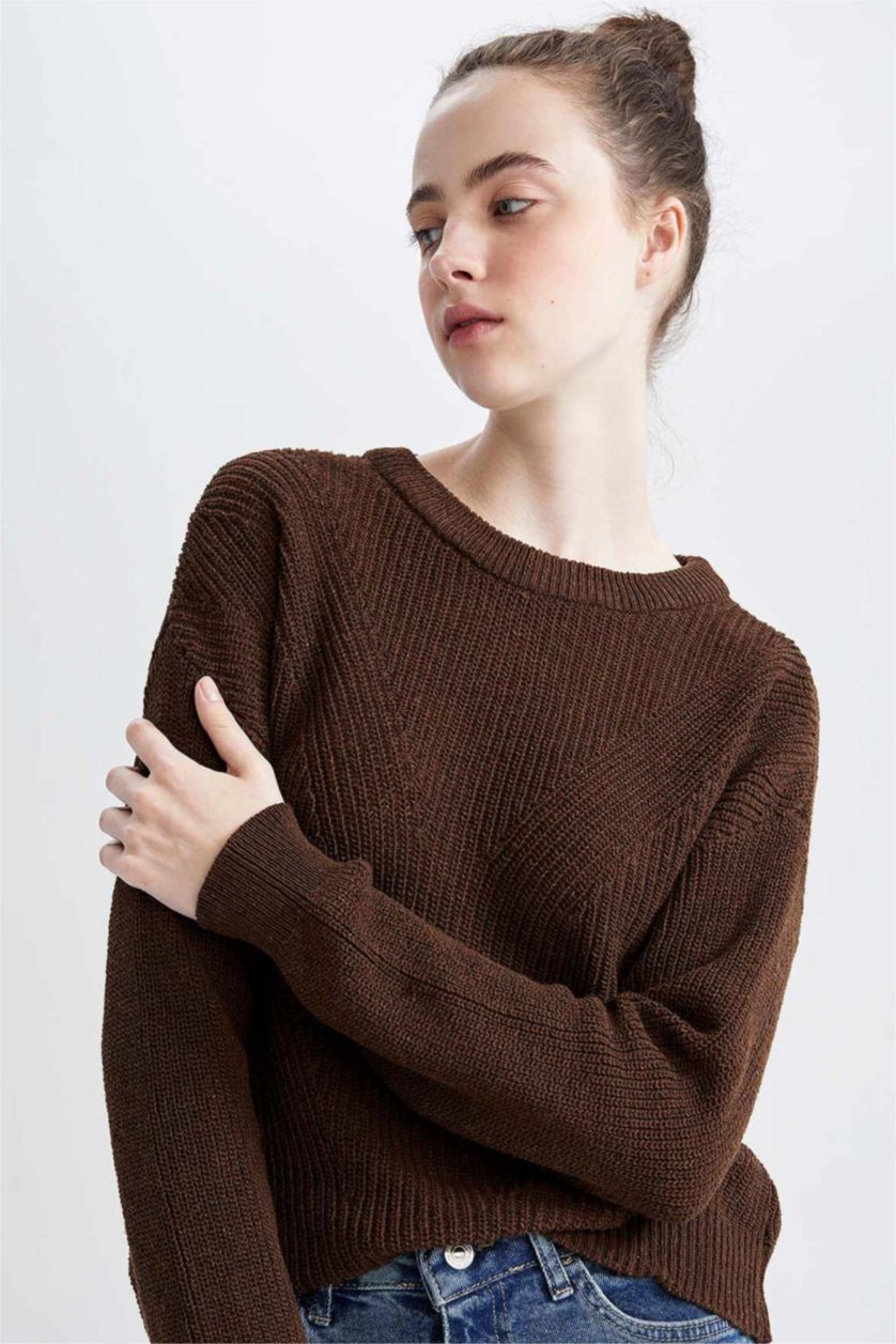WOMAN Brown Regular Fit Basic Long Sleeve Reversible Thessaloniki Knitted Knitwear Sweater