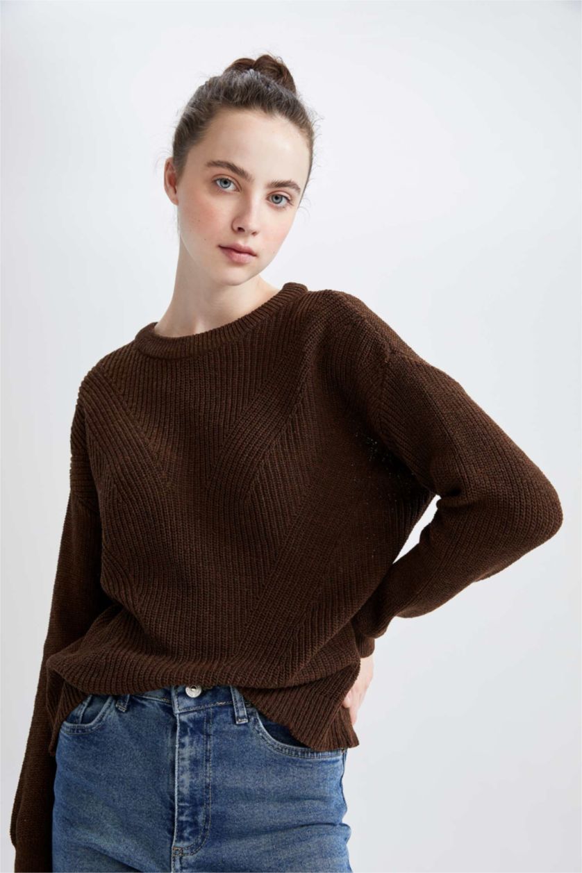 WOMAN Brown Regular Fit Basic Long Sleeve Reversible Thessaloniki Knitted Knitwear Sweater