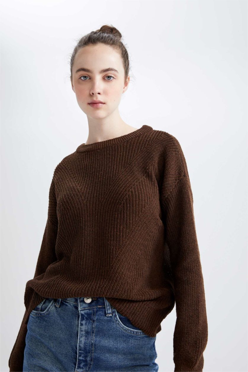 WOMAN Brown Regular Fit Basic Long Sleeve Reversible Thessaloniki Knitted Knitwear Sweater