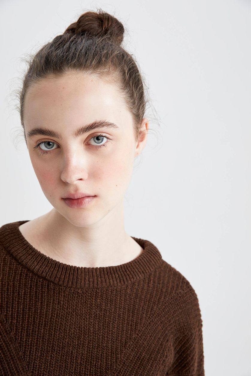 WOMAN Brown Regular Fit Basic Long Sleeve Reversible Thessaloniki Knitted Knitwear Sweater