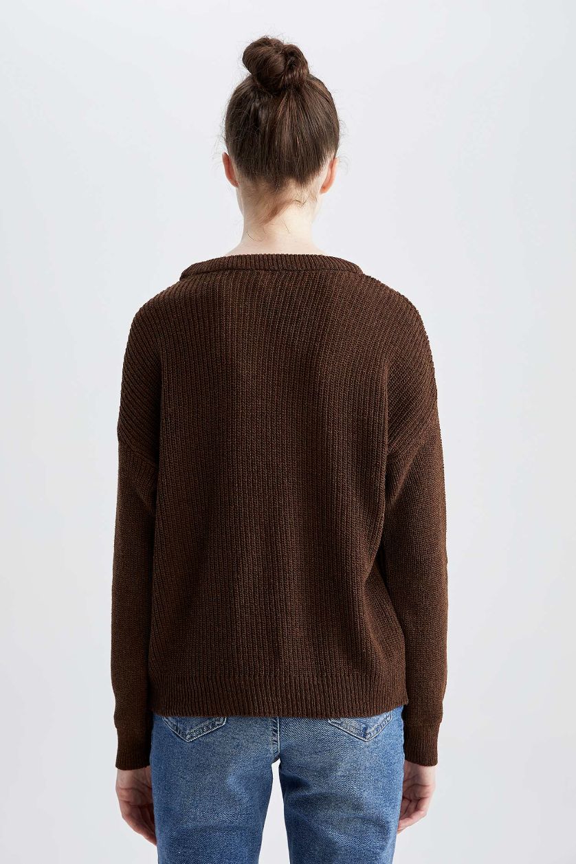 WOMAN Brown Regular Fit Basic Long Sleeve Reversible Thessaloniki Knitted Knitwear Sweater