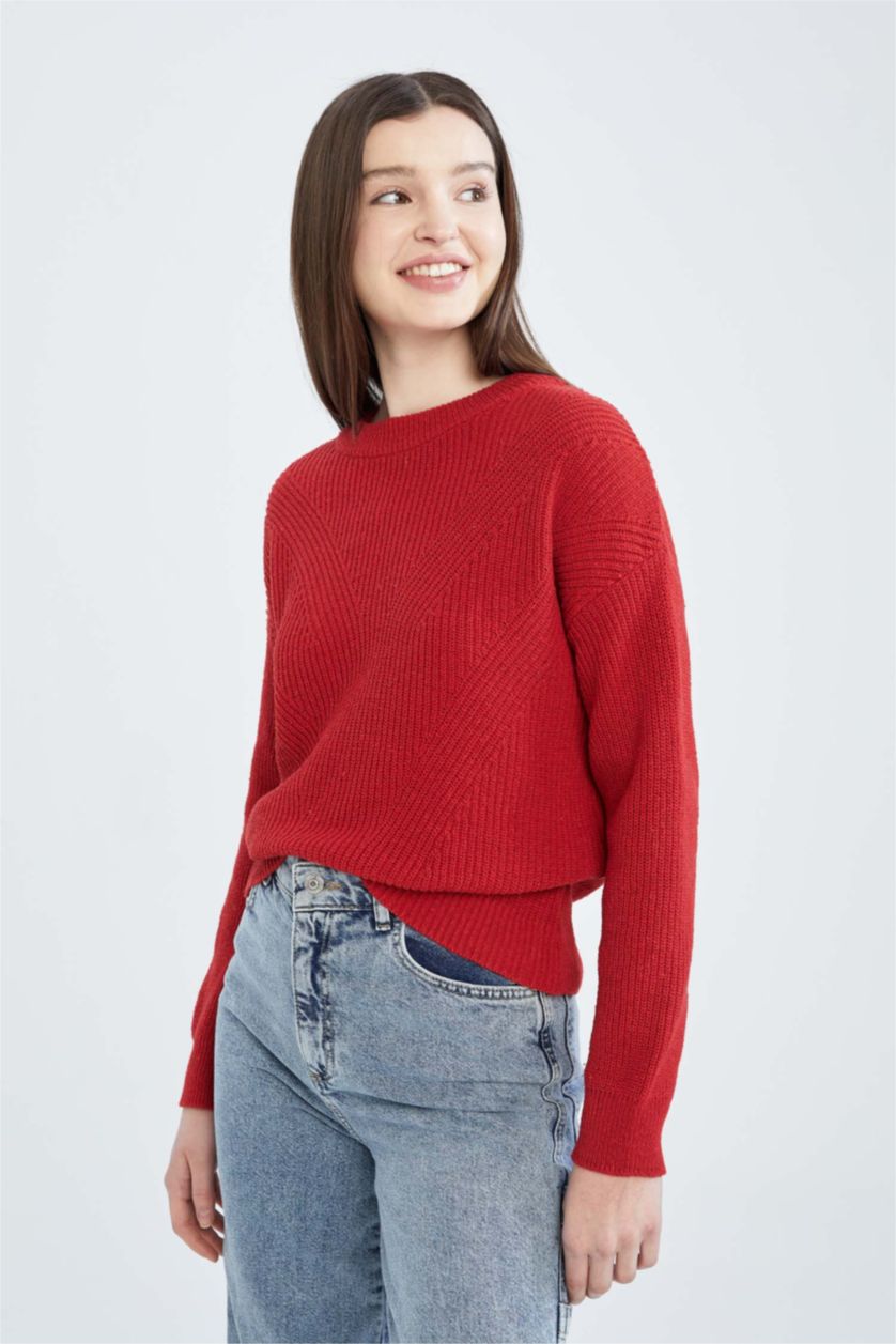 Женщины Бордовый Пуловер стандартного кроя с круглым вырезом для женщин