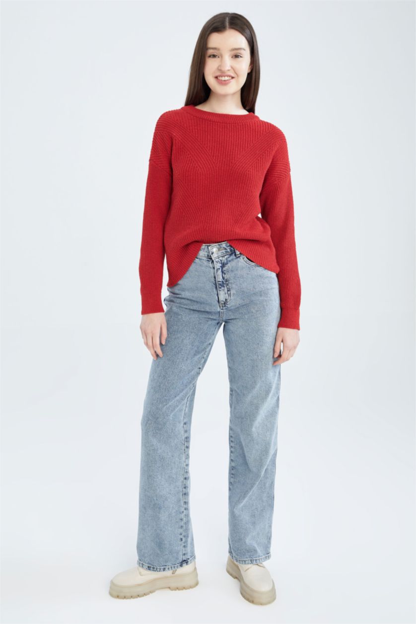 Женщины Бордовый Пуловер стандартного кроя с круглым вырезом для женщин