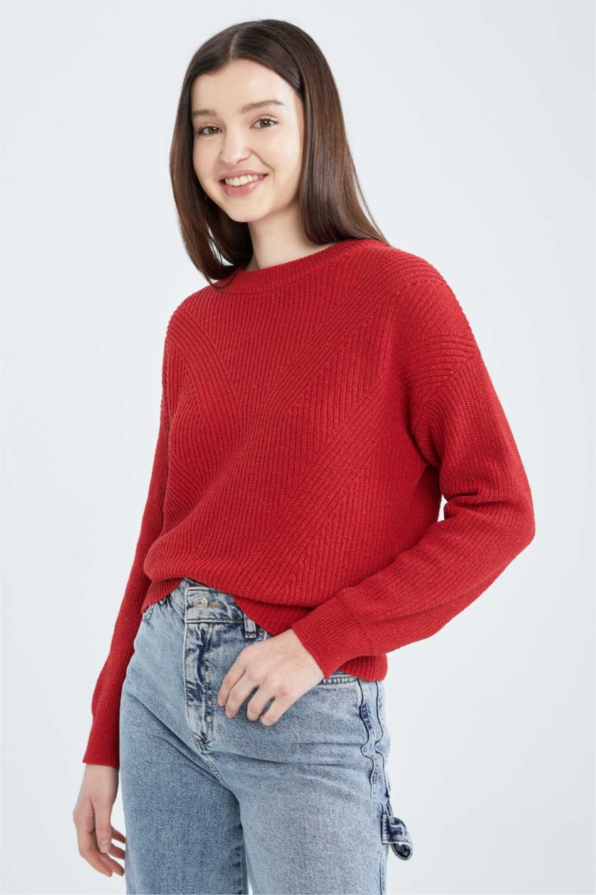 Женщины Бордовый Пуловер стандартного кроя с круглым вырезом для женщин