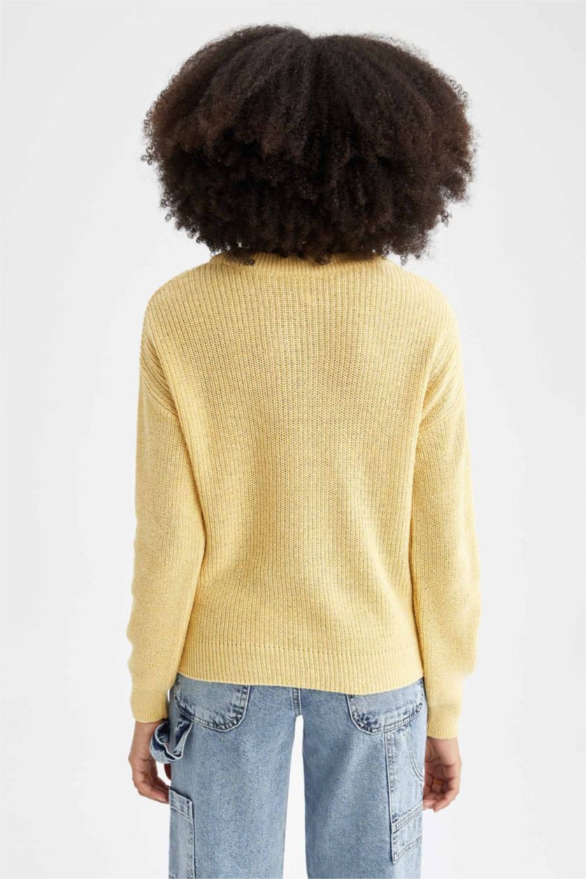 نساء أصفر بلوفر بقصة عادية برقبة مستديرة