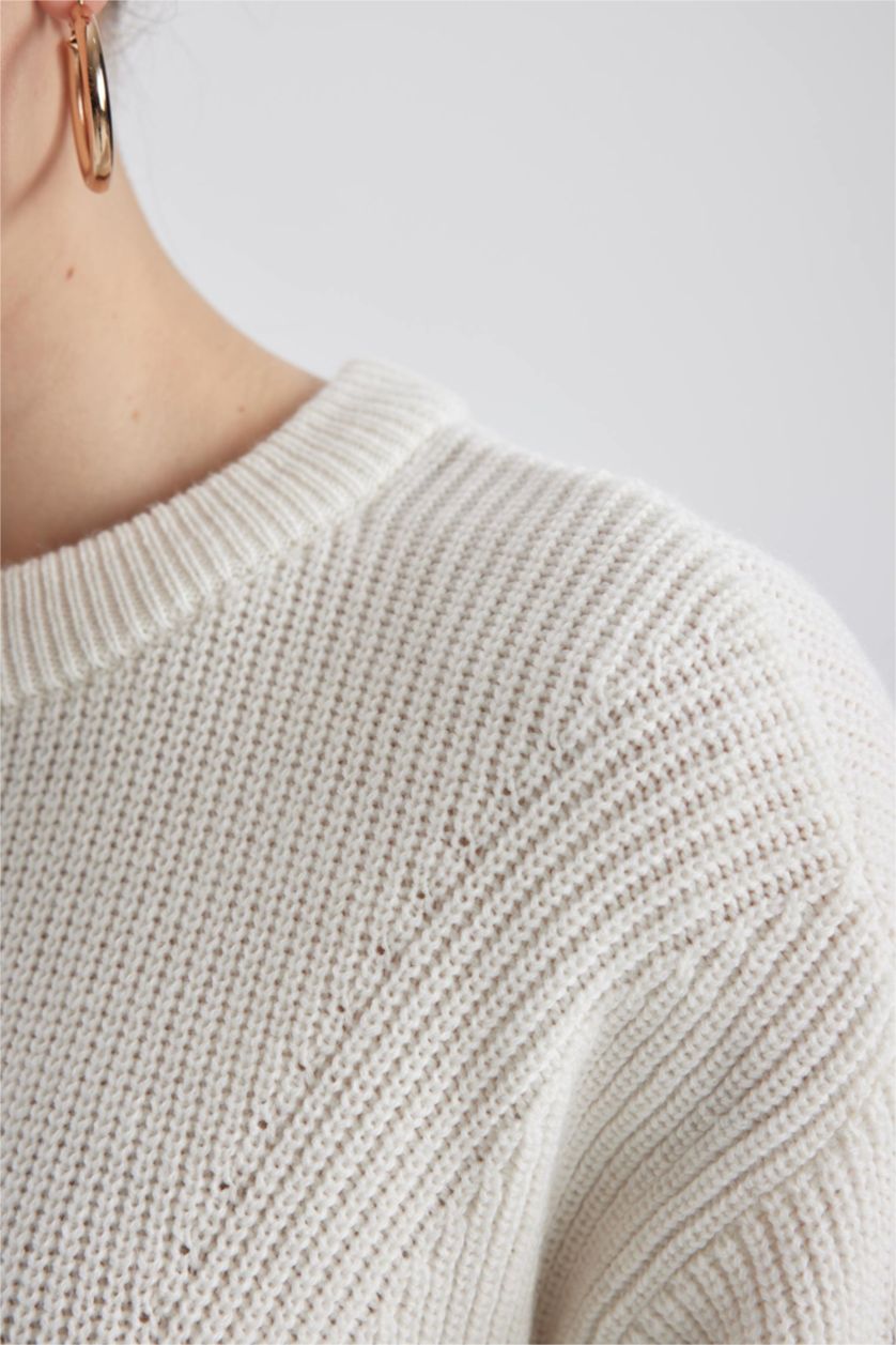 Kadın Ekru Regular Fit Bisiklet Yaka Basic Triko Kazak