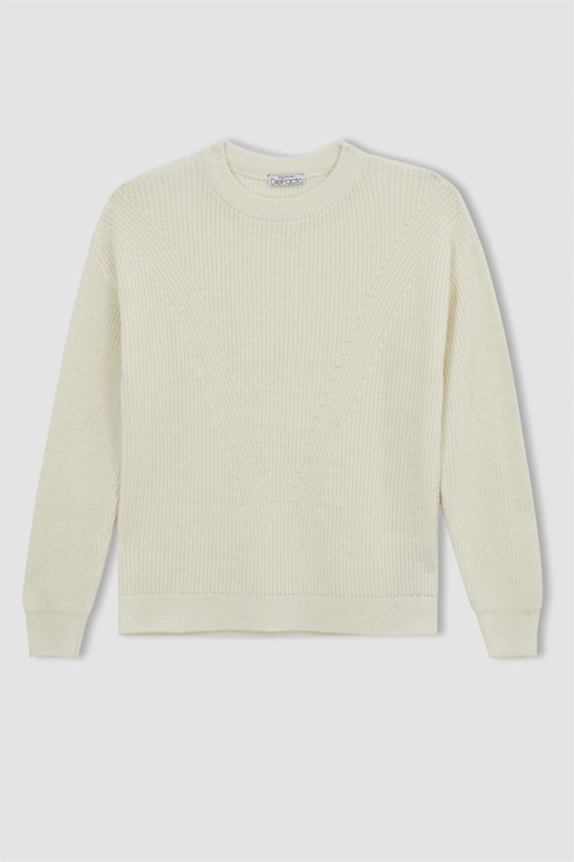 Kadın Ekru Regular Fit Bisiklet Yaka Basic Triko Kazak