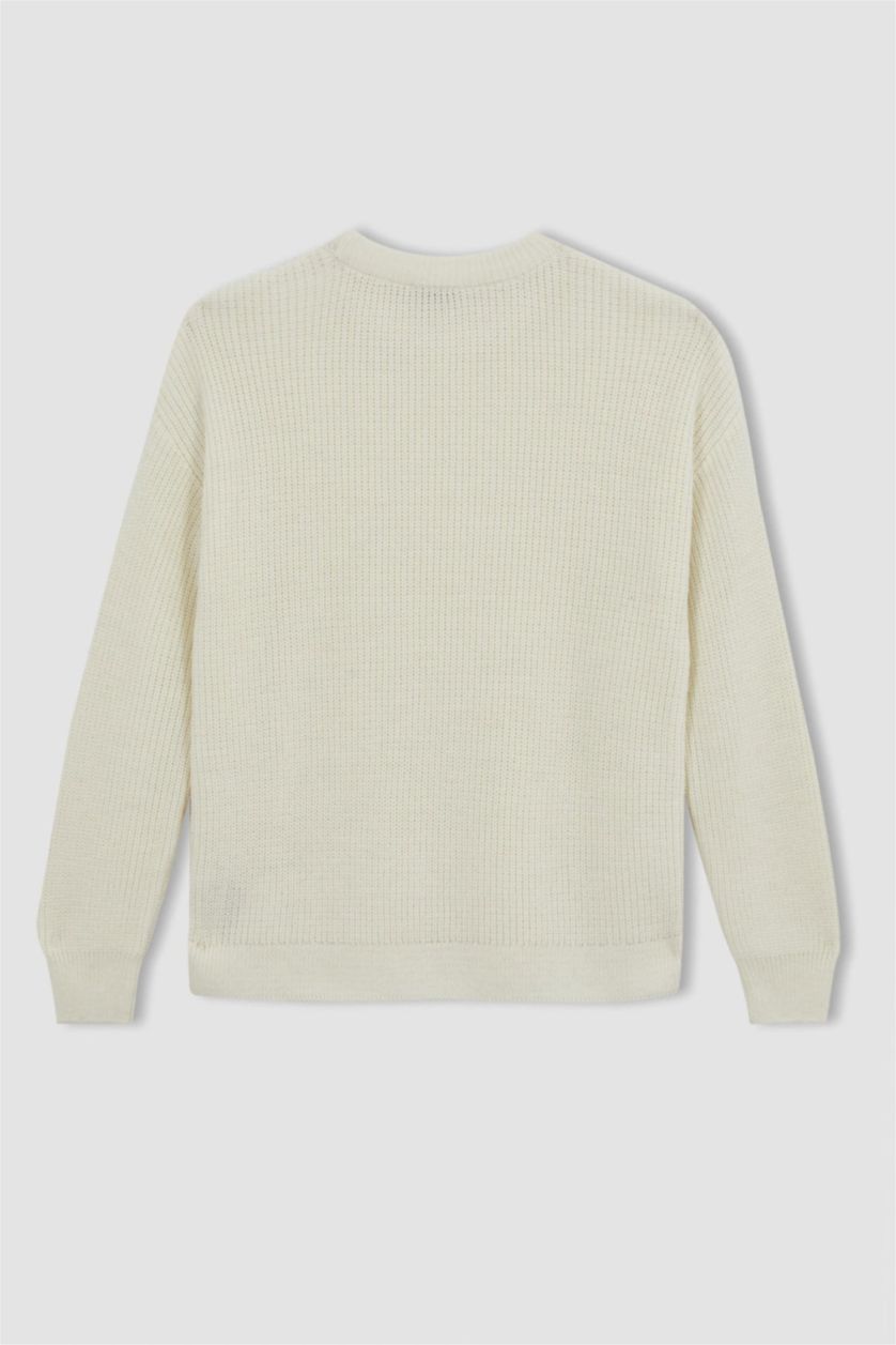 Kadın Ekru Regular Fit Bisiklet Yaka Basic Triko Kazak