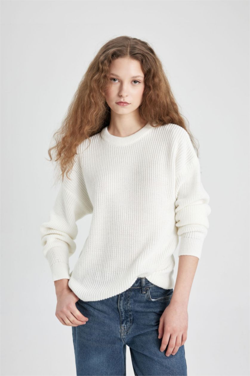 Kadın Ekru Regular Fit Bisiklet Yaka Selanik Kumaş Basic Düz Triko Kazak