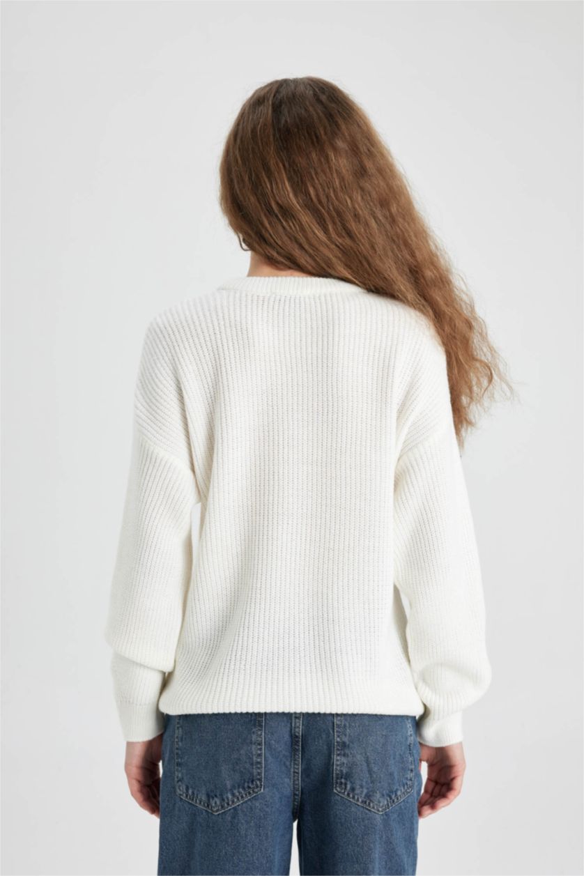 Kadın Ekru Regular Fit Bisiklet Yaka Selanik Kumaş Basic Düz Triko Kazak