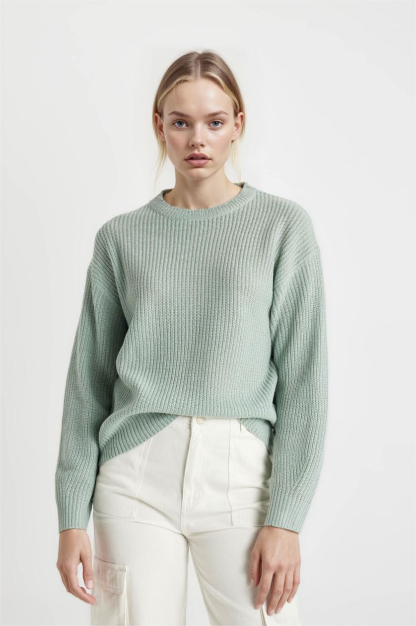 Kadın Mint Regular Fit Bisiklet Yaka Selanik Kumaş Basic Düz Triko Kazak