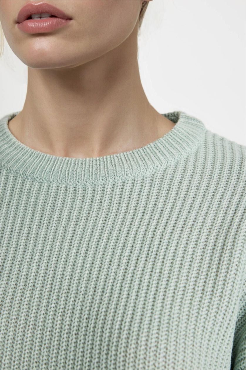 Kadın Mint Regular Fit Bisiklet Yaka Selanik Kumaş Basic Düz Triko Kazak