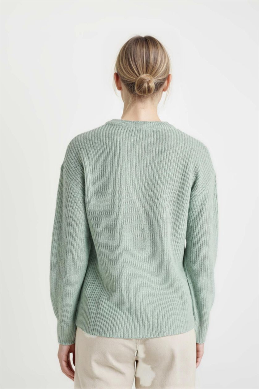 Kadın Mint Regular Fit Bisiklet Yaka Selanik Kumaş Basic Düz Triko Kazak