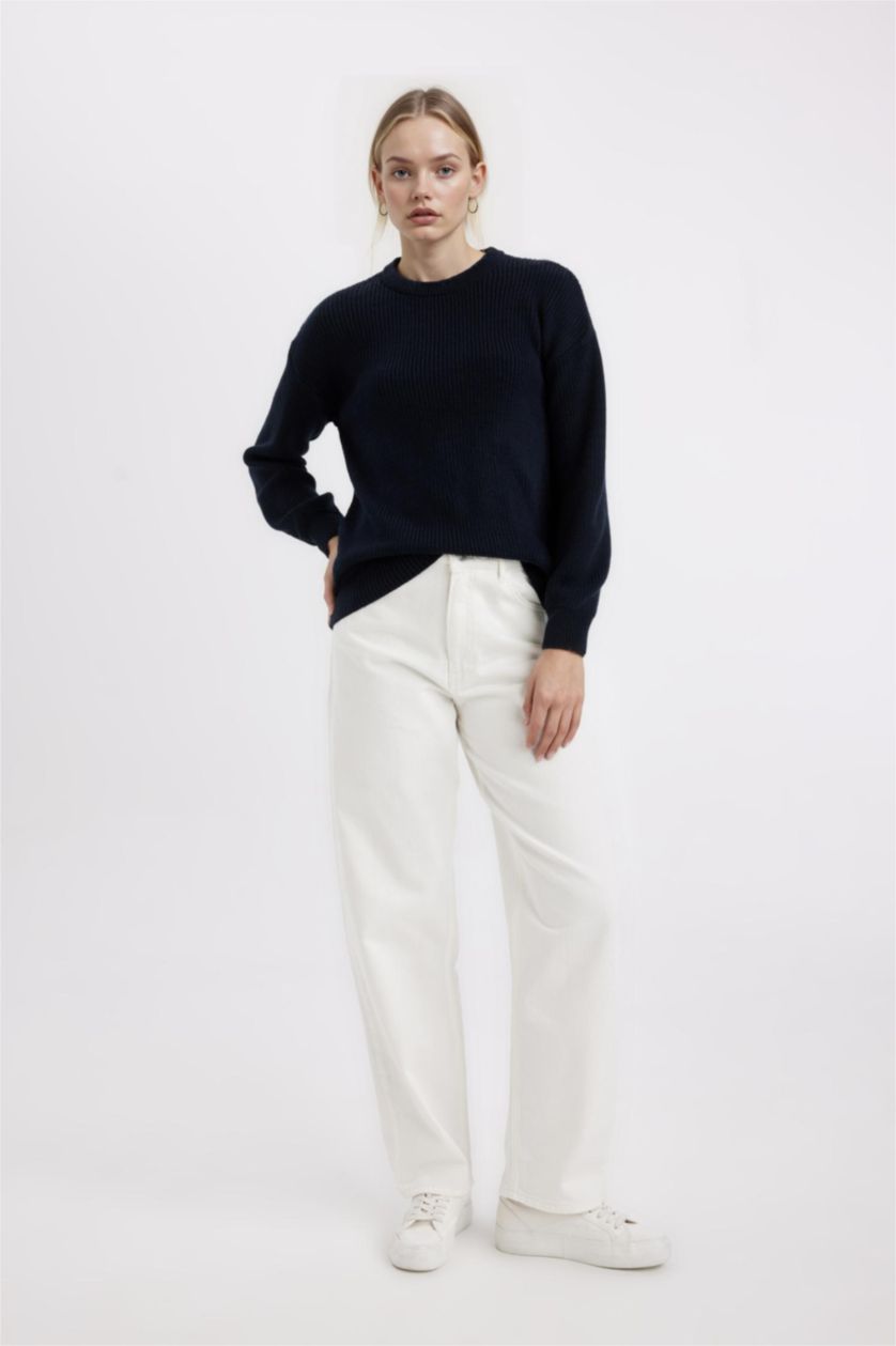 حريمي كحلي بلوفر تريكو حريمي قصة عادية برقبة مستديرة كحلي