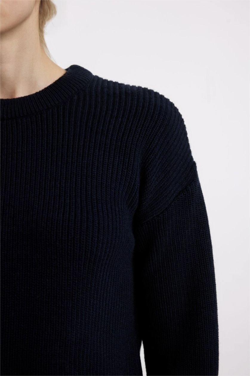 حريمي كحلي بلوفر تريكو حريمي قصة عادية برقبة مستديرة كحلي