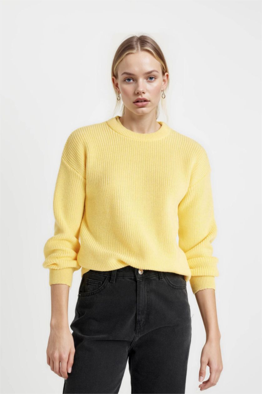 Kadın Açık Sarı Selanik Kumaş Basıc Triko Kazak