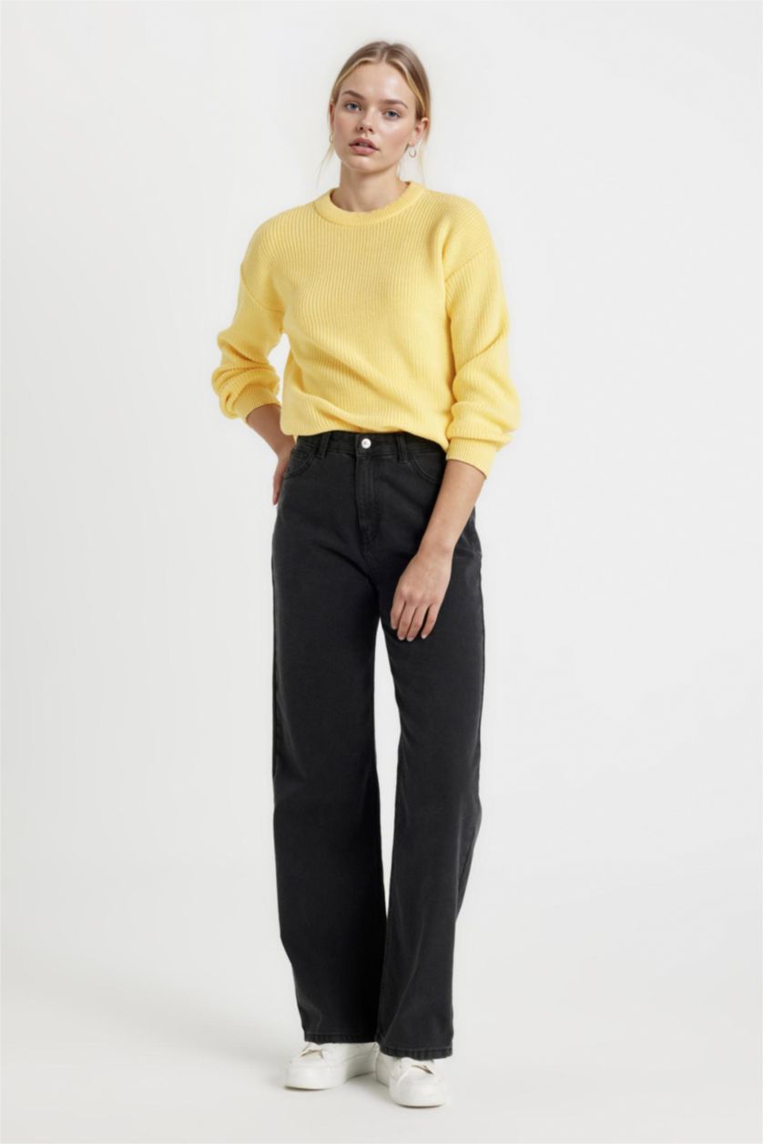 Kadın Açık Sarı Selanik Kumaş Basıc Triko Kazak