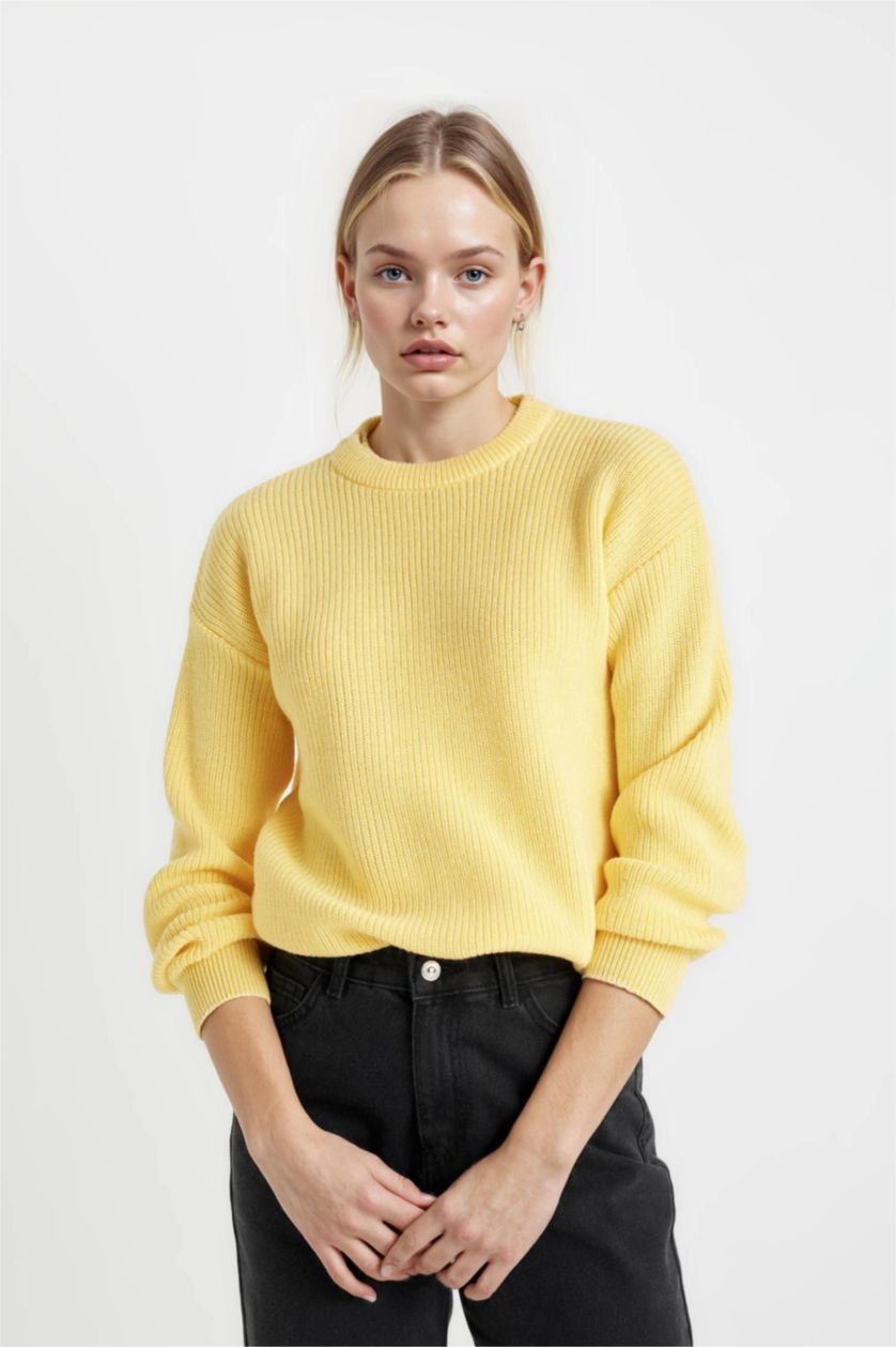 Kadın Açık Sarı Selanik Kumaş Basıc Triko Kazak