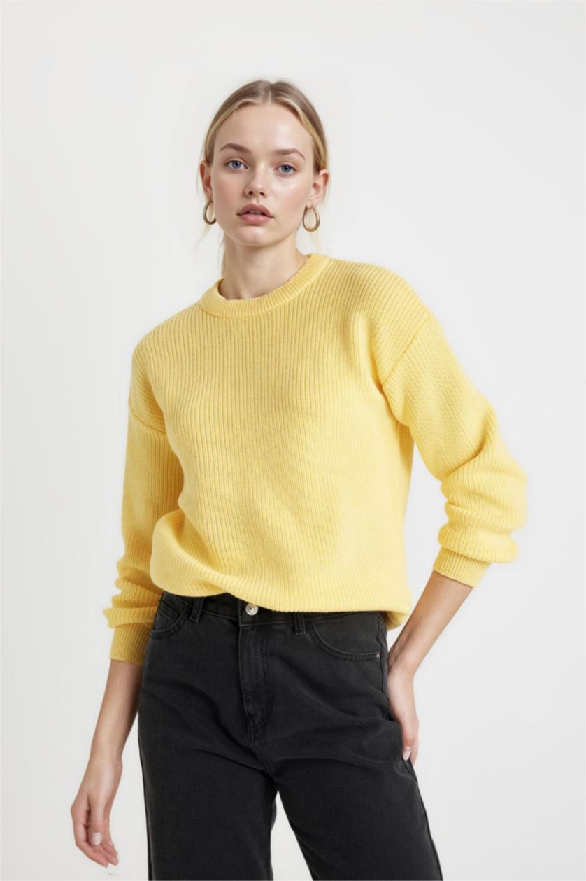 Kadın Açık Sarı Selanik Kumaş Basıc Triko Kazak