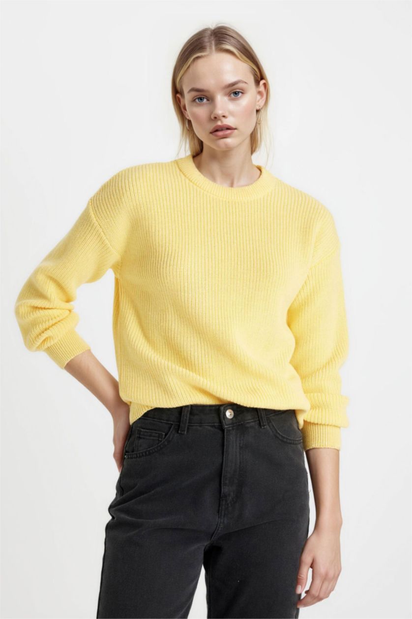 Kadın Açık Sarı Selanik Kumaş Basıc Triko Kazak