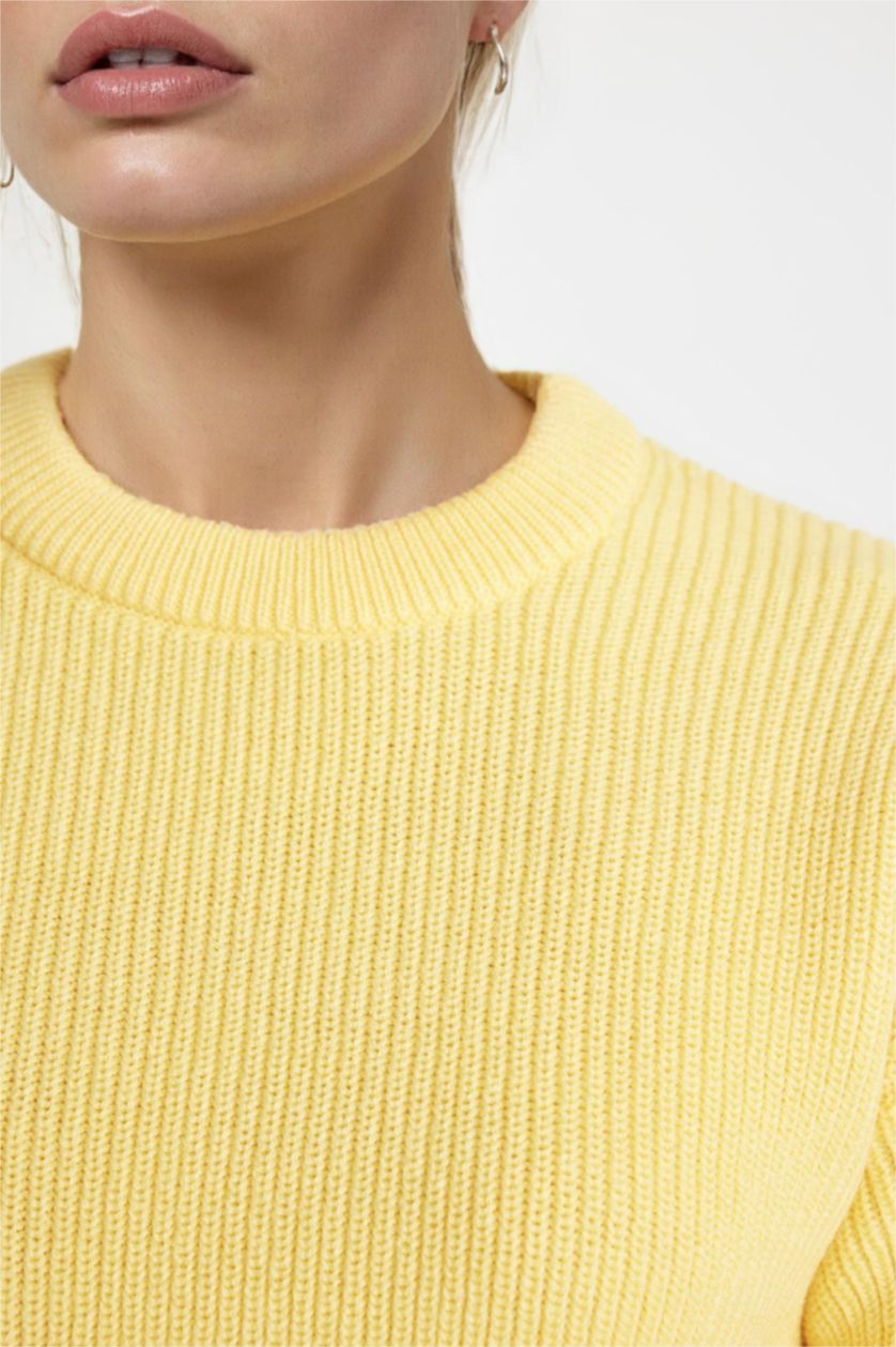 Kadın Açık Sarı Selanik Kumaş Basıc Triko Kazak