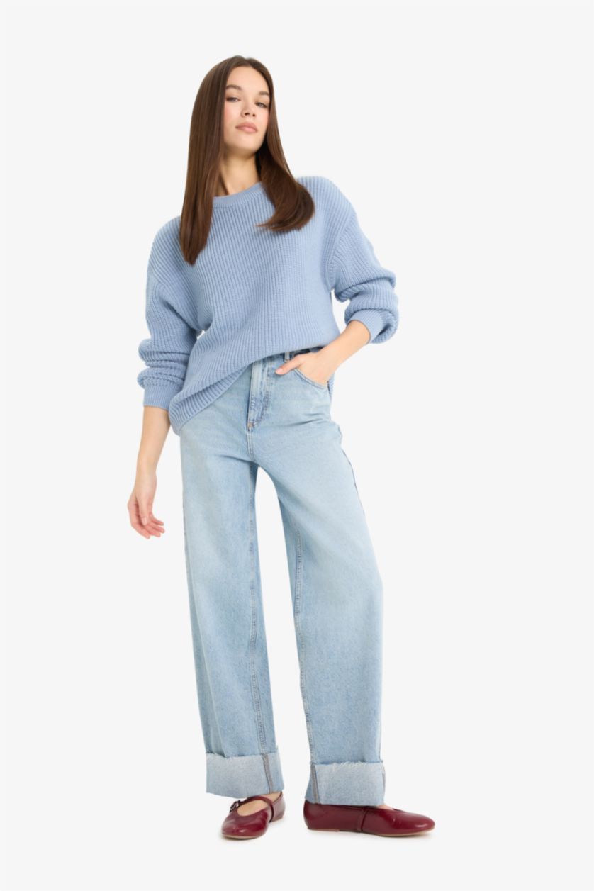 Kadın Mavi Regular Fit Bisiklet Yaka Selanik Kumaş Basic Düz Triko Kazak