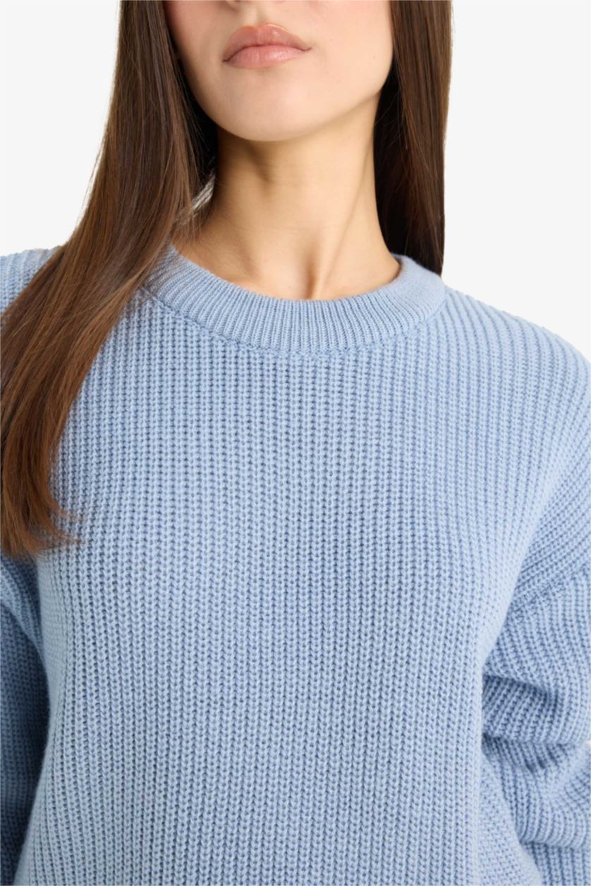 Kadın Mavi Regular Fit Bisiklet Yaka Selanik Kumaş Basic Düz Triko Kazak